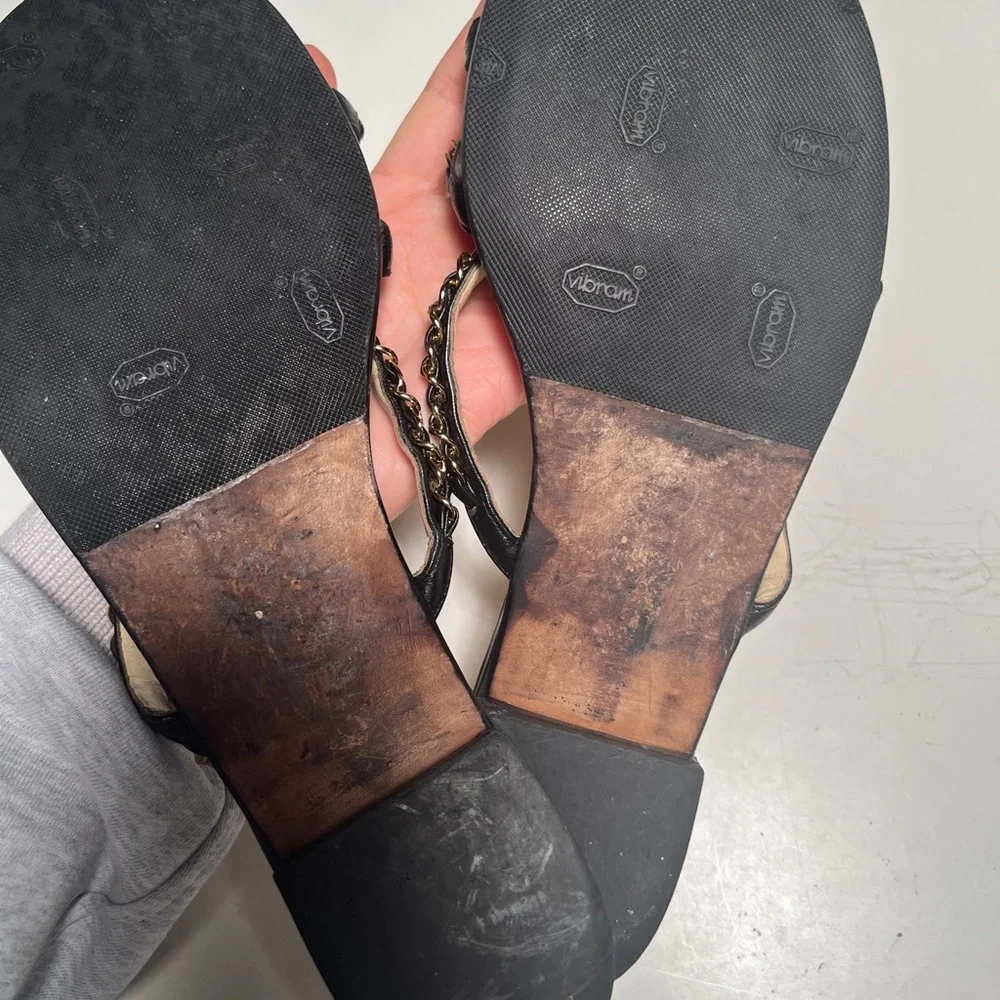 CHANEL Black and Gold Chain Sandals